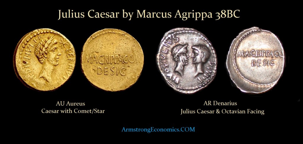 Julius CAESAR by AGRIPPA Aureus Denarius with Octavian facing