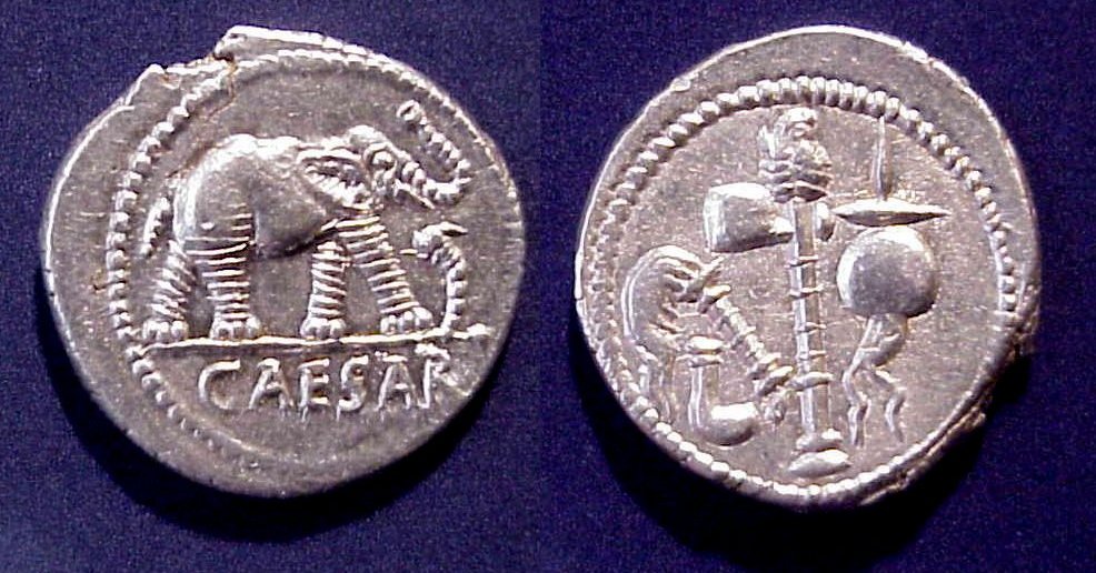 Julius Caesar AR Denarius Elephant Pontificate emblems 49BC