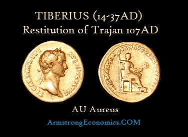 Tiberius Restitution Gold Aureus by Trajan - R