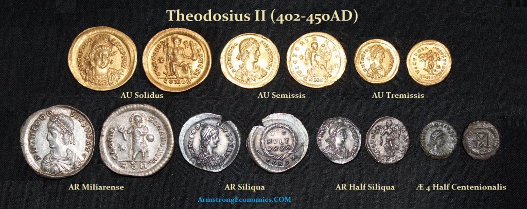 Theodosius II solidus Semissis tremissis Miliarense siliqua half siliqua Æ 4 Half Centenionalis 1024x406