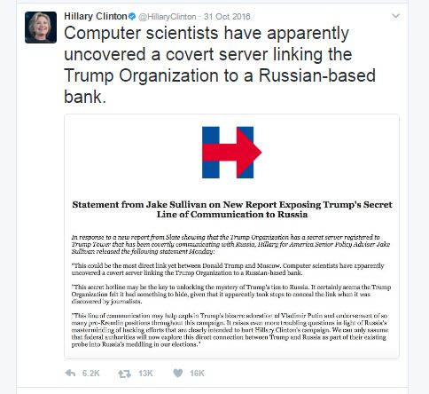 Hillary Tweet 10-31-2016 on Server