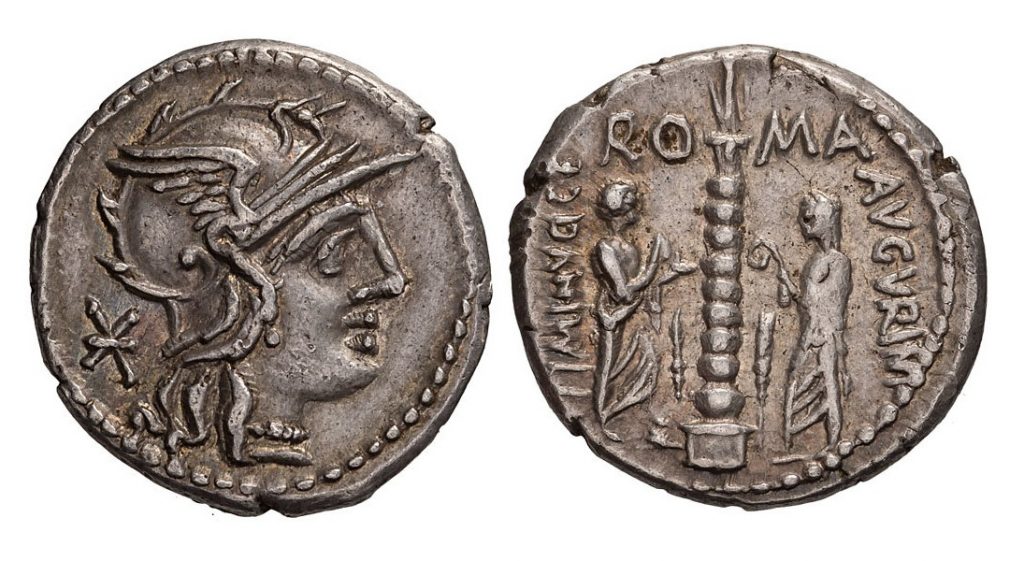 Roman Republic Denarius of Ti. Minucius C.f. Augurinus 3.91g 134 BC. XVI Monogram 1024x561
