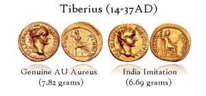 Tiberius Aureus Genuine India Imitation 300x141