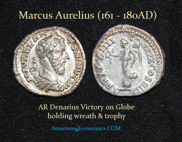 Marcus Aurelius AR Denarius Victory on Globe
