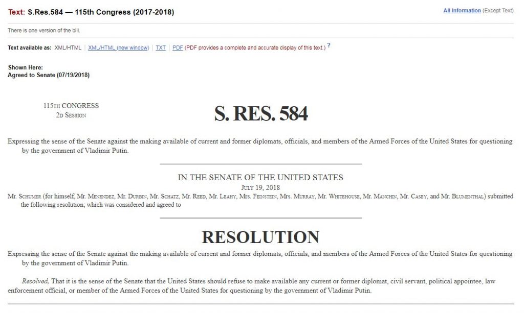 Senate Resolution 584 to Deny Putin to Interrogate Americans 1024x613