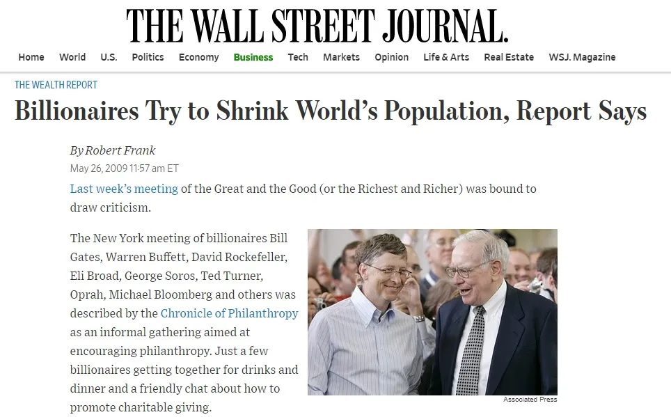 Secret 2009 Billionaires Meeting to Shrink World Population WSJ-2009-Shrink-Population