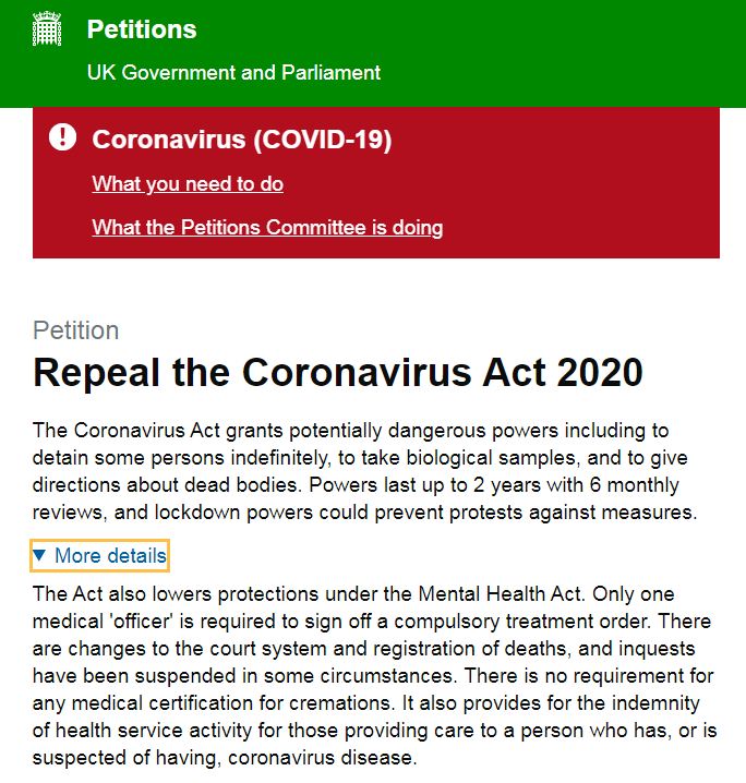 UK Parliament COVID Petition