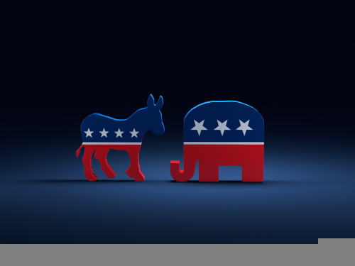 3d,Render,Of,Democrats,Donkey,Vs,Republicans,Elephant,Symbols,On