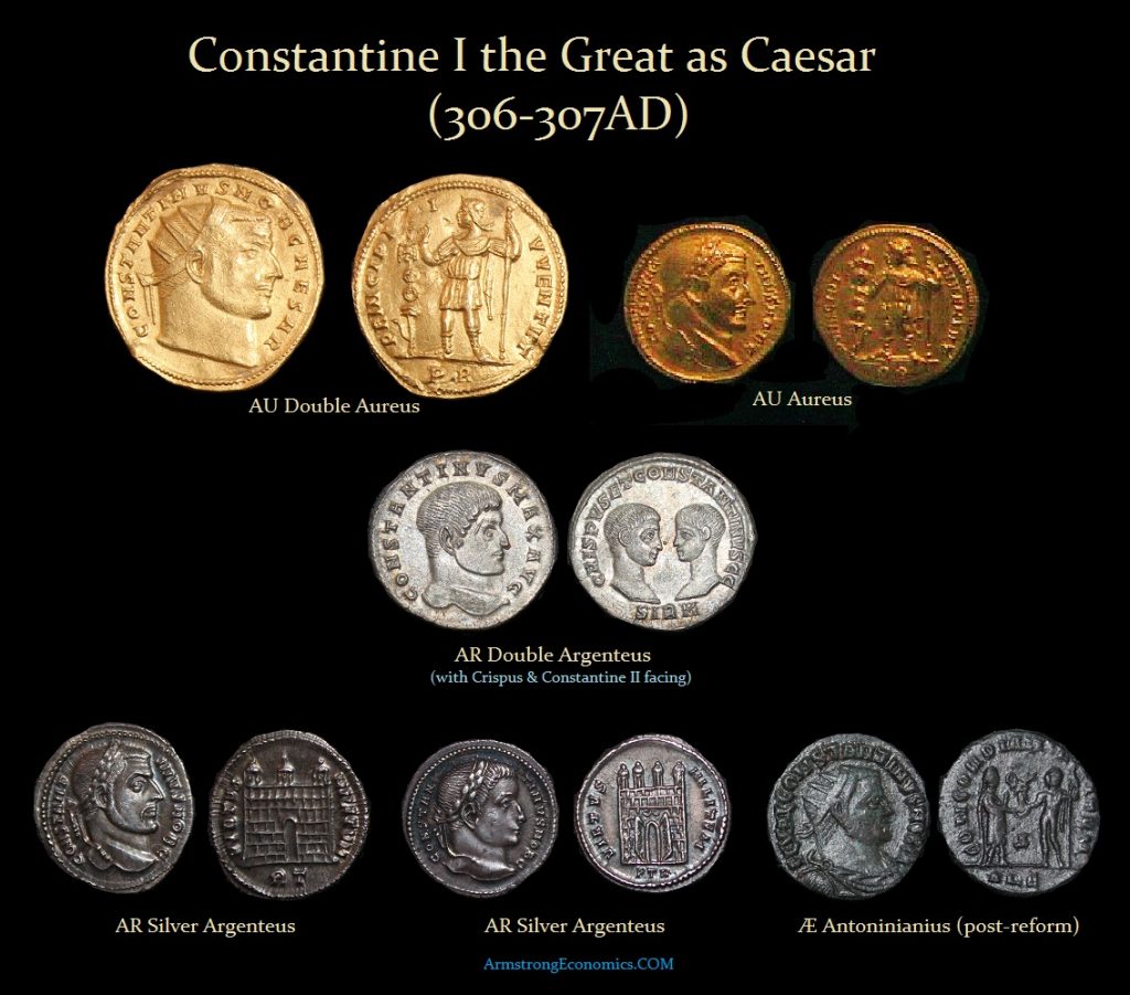 Constantine I as Caesar AU Double Aureus Bino AR Double Argentius AR Argentius AE Antoninianus 1024x901