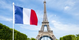 French,Flag,Flying,In,Bright,Blue,Spring,Sky,In,Front