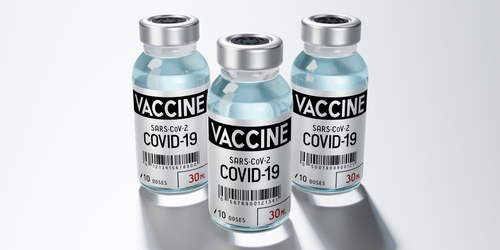 Three,Covid-19,,Sars-cov-2,,Coronavirus,Vaccine,Ampoules,Isolated,On,Grey,Background
