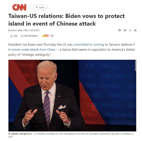 Biden Vows to Protest Taiwan