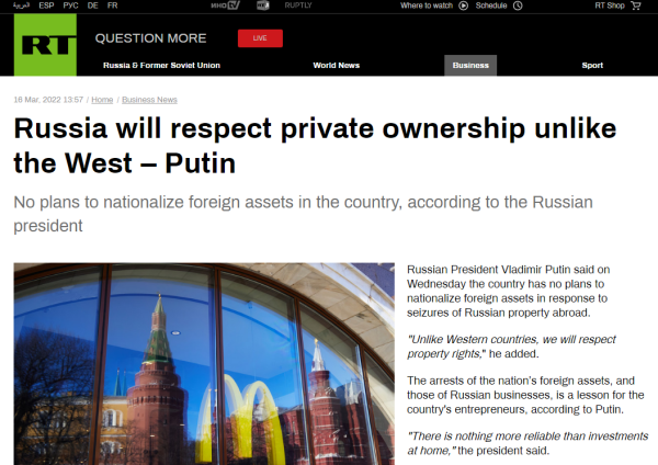 2022 03 16 21 10 12 Russia will respect private ownership unlike the West Putin RT Business News 