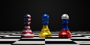 Ukraine,Flag,On,Chess,Between,Usa,And,Russia,On,Chess