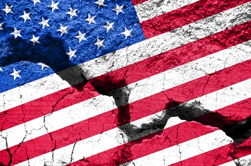 America,Divided,Concept,,American,Flag,On,Cracked,Background.,Us,Elections,