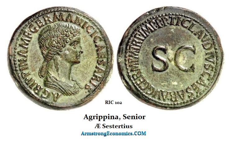 AGRIPPINA AE Sesterius Green XF RIC 102