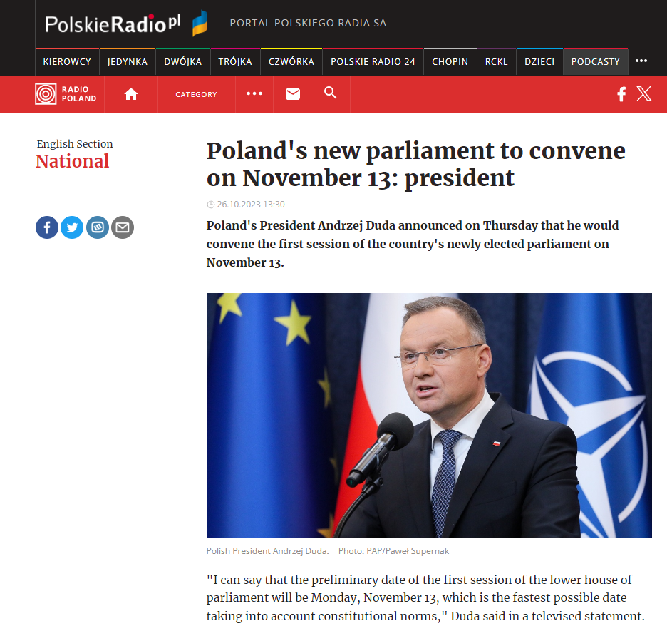 2023 10 26 Poland_s_new_parliament_to_convene_on_November_13_president_English_Section_