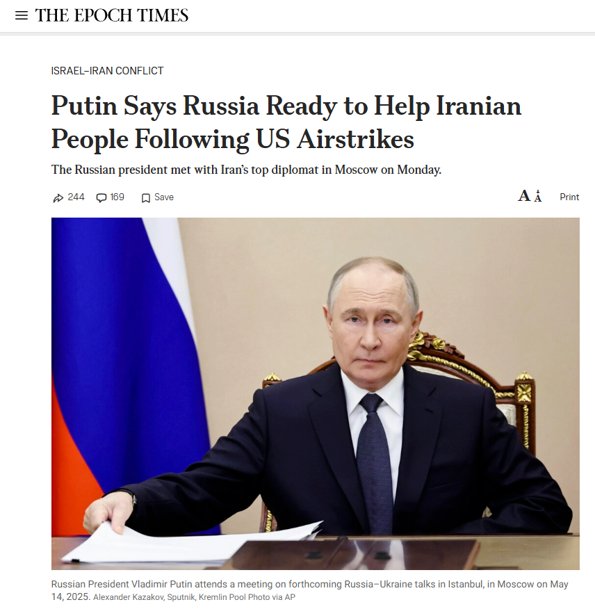 6 23 25 Putin_Says_Russia_Ready_to_Help_Iranian_People_Following_US_Airstrikes_The_Epo