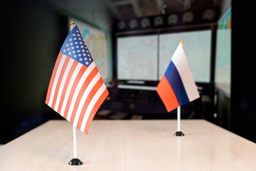 Flags,Of,The,Usa,And,Russia,On,The,Table.,Political