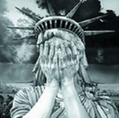 Statue Liberty lamentings hiding its eyes