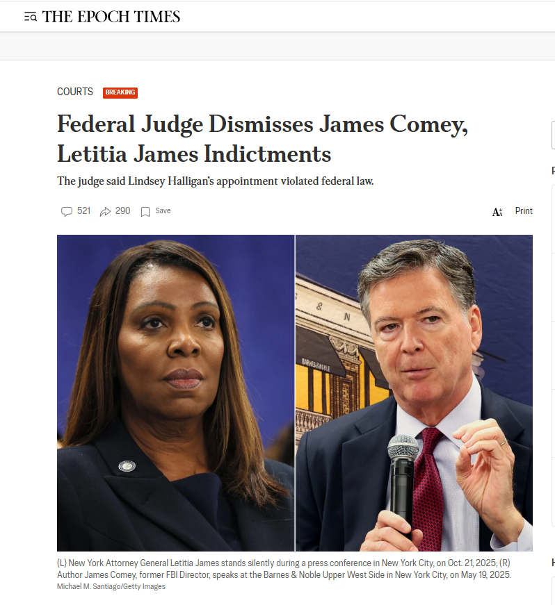 2025_11_24_14_12_10_Federal_Judge_Dismisses_James_Comey_Letitia_James_Indictments_The_Epoch_Times