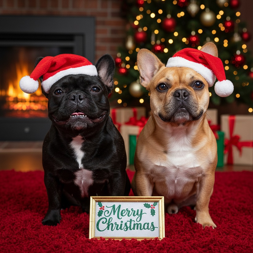 Two,French,Bull,Dogs,One,Black,One,Tan,With,Chrismas