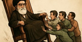 Drawn,People,Pushing,Over,Ayatollah,Ali,Khamenei,Seated,In,A