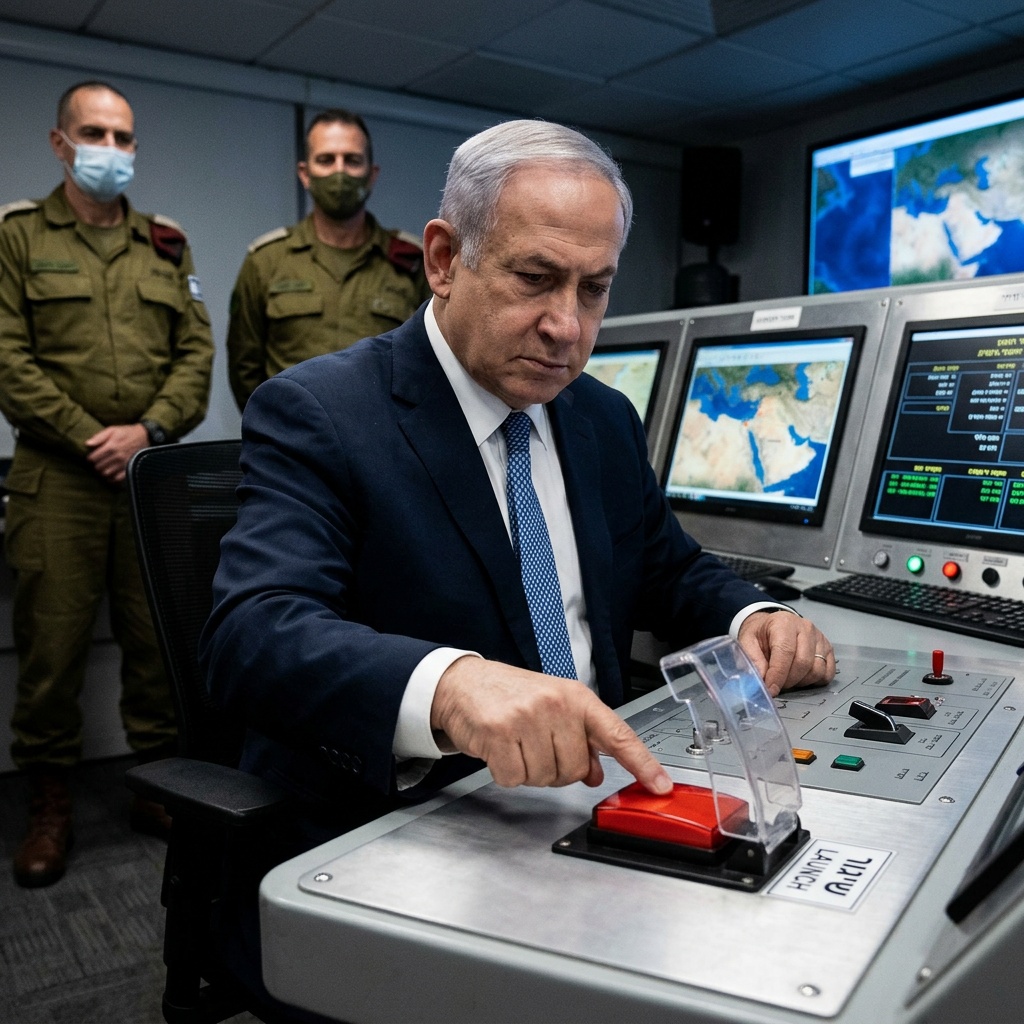 Netanyahu,With,Finger,On,Nuclear,Weapon,Launch,Button
