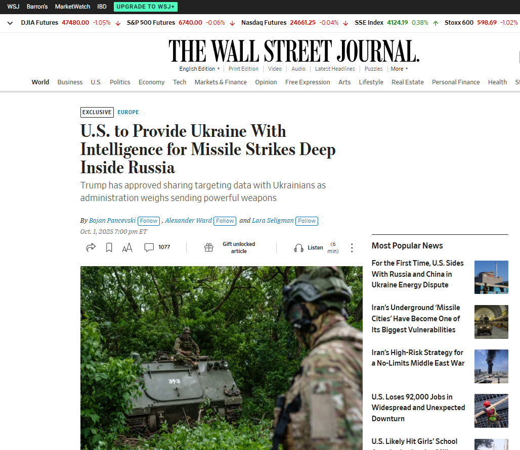 WSJ US Supplies Ukraine Targets inside Russia