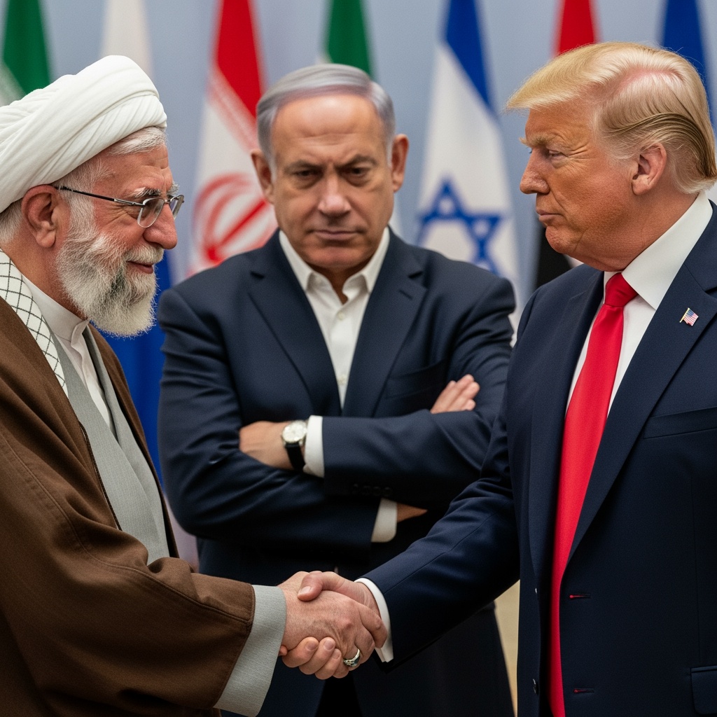 Mojtaba,Khamenei,And,Trump,Shaking,Hands,Netanyahu,On,Sidelines,Angry
