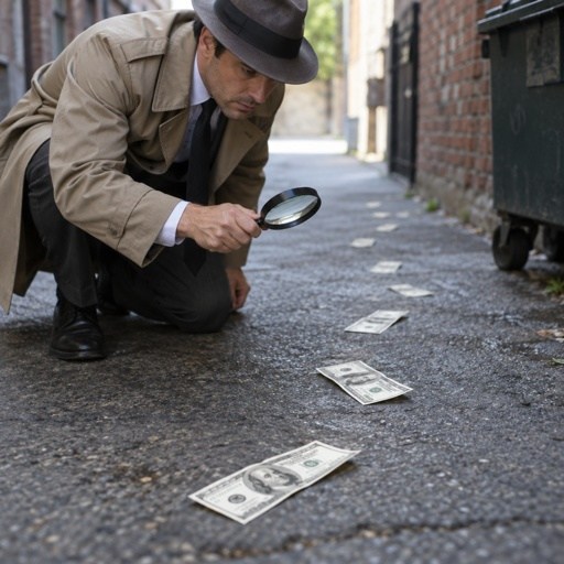 Investigator,With,Magnifying,Glass,Following,The,Trail,Of,Money